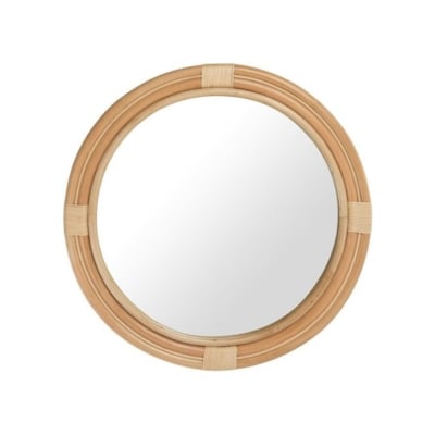 A round mirror with a wooden frame against a white backdrop, offering a serene and stylish look for less.