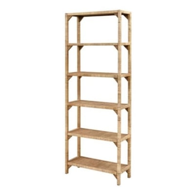 A wooden bookcase with five shelves on a white background offers a Serena and Lily look for less.