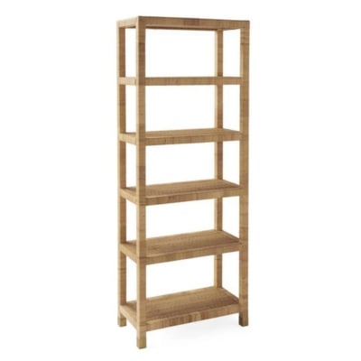 An affordable wooden bookcase with five shelves, perfect for achieving the Serena and Lily look for less.