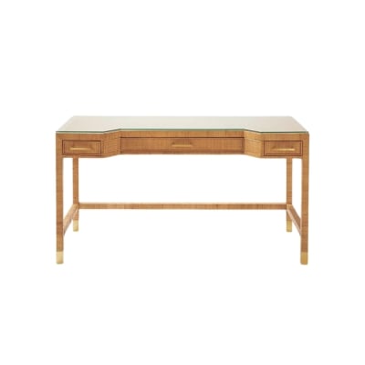 A desk with a glass top and wooden legs, offering a Serena and Lily look for less.