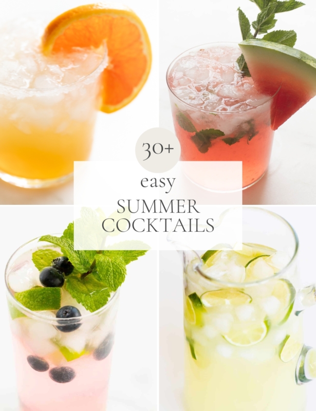 A graphic image of four different cocktails, with a headline across the center that reads "30+ Easy Summer Cocktails"