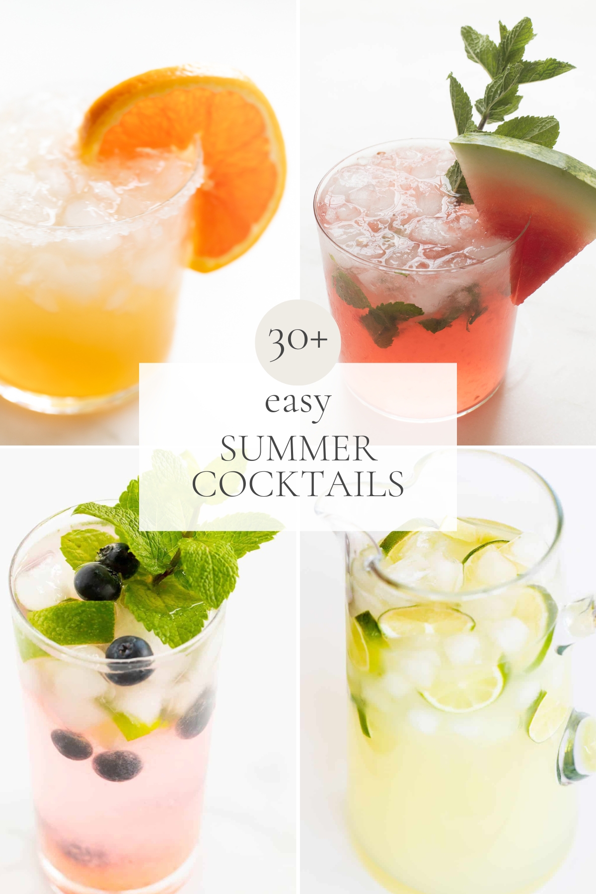 A graphic image of four different cocktails, with a headline across the center that reads "30+ Easy Summer Cocktails" 