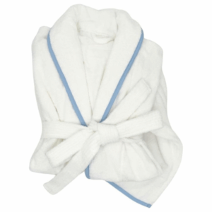 A folded white bathrobe with a blue trim and a tied belt, perfect for adding comfort and style to any guest room, displayed on a plain background.