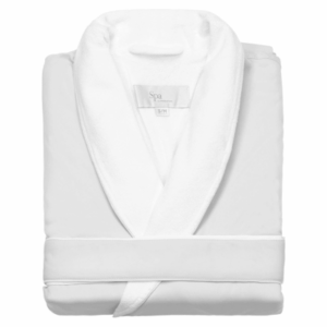 A folded white bathrobe with a shawl collar and belt, labeled with a tag reading "Spa" and size "S/M," perfect for adding a touch of luxury to any guest room.