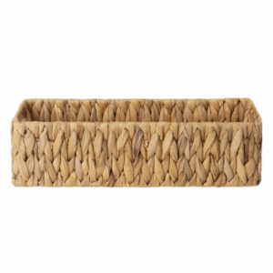Rectangular woven basket made of natural fiber, perfect for organizing essentials in a guest room, shown empty against a white background.