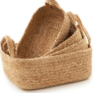 Three nested rectangular woven baskets with handles, made of natural-colored braided fibers, perfect for organizing essentials in a guest room, displayed on a white background.