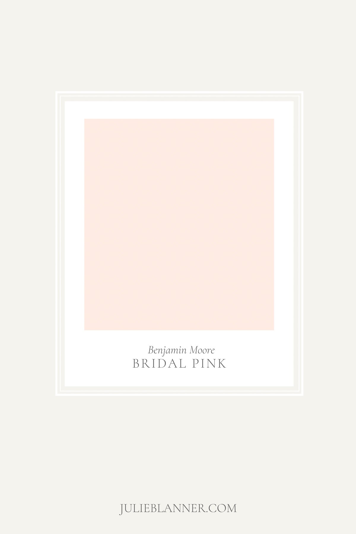 A paint sample card of Benjamin Moore Bridal Pink, as part of a blush pink paint guide.