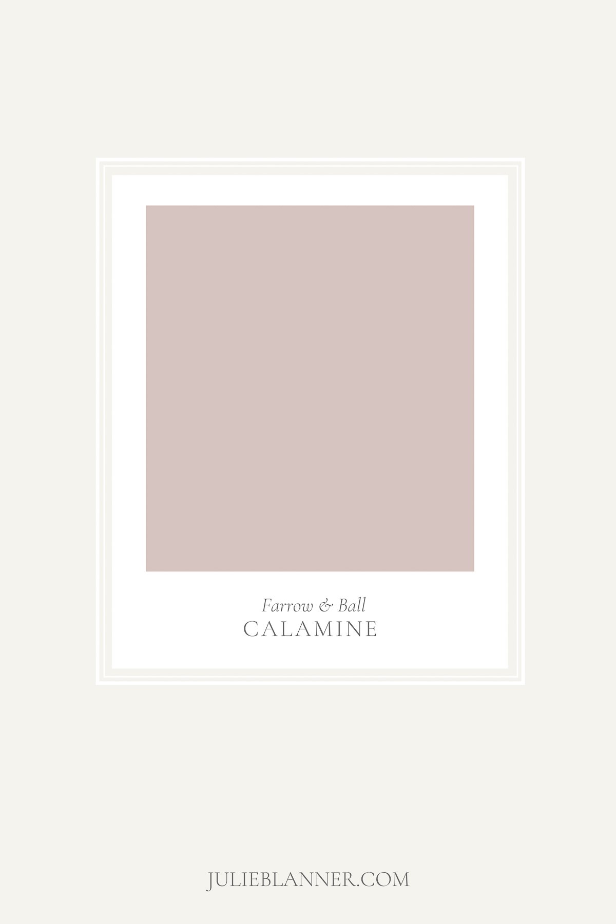 A paint sample card of Farrow and Ball Calamine, as part of a blush pink paint guide.