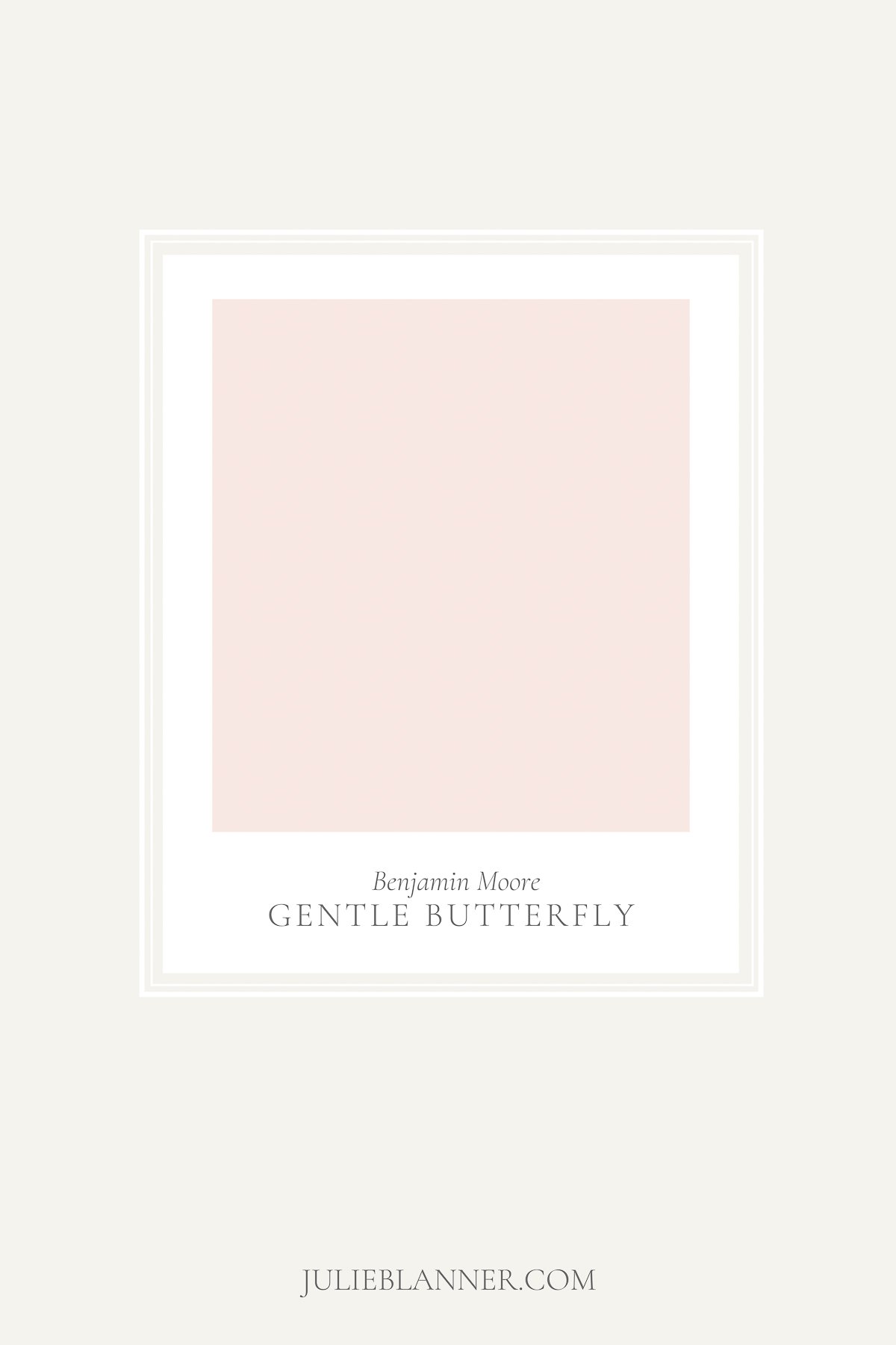 A paint sample card of Benjamin Moore Gentle Butterfly, as part of a blush pink paint guide.