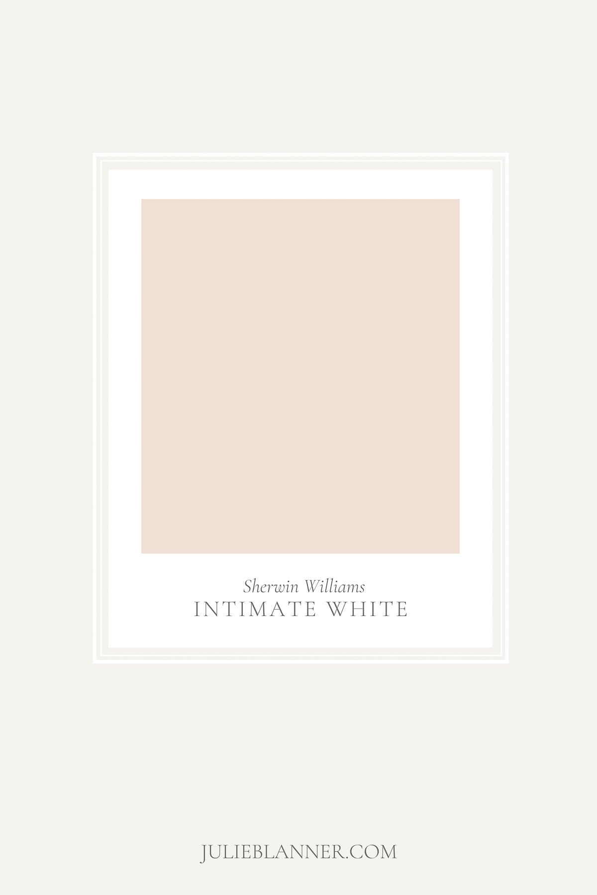A paint sample card of Sherwin Williams Intimate White, as part of a blush pink paint guide.