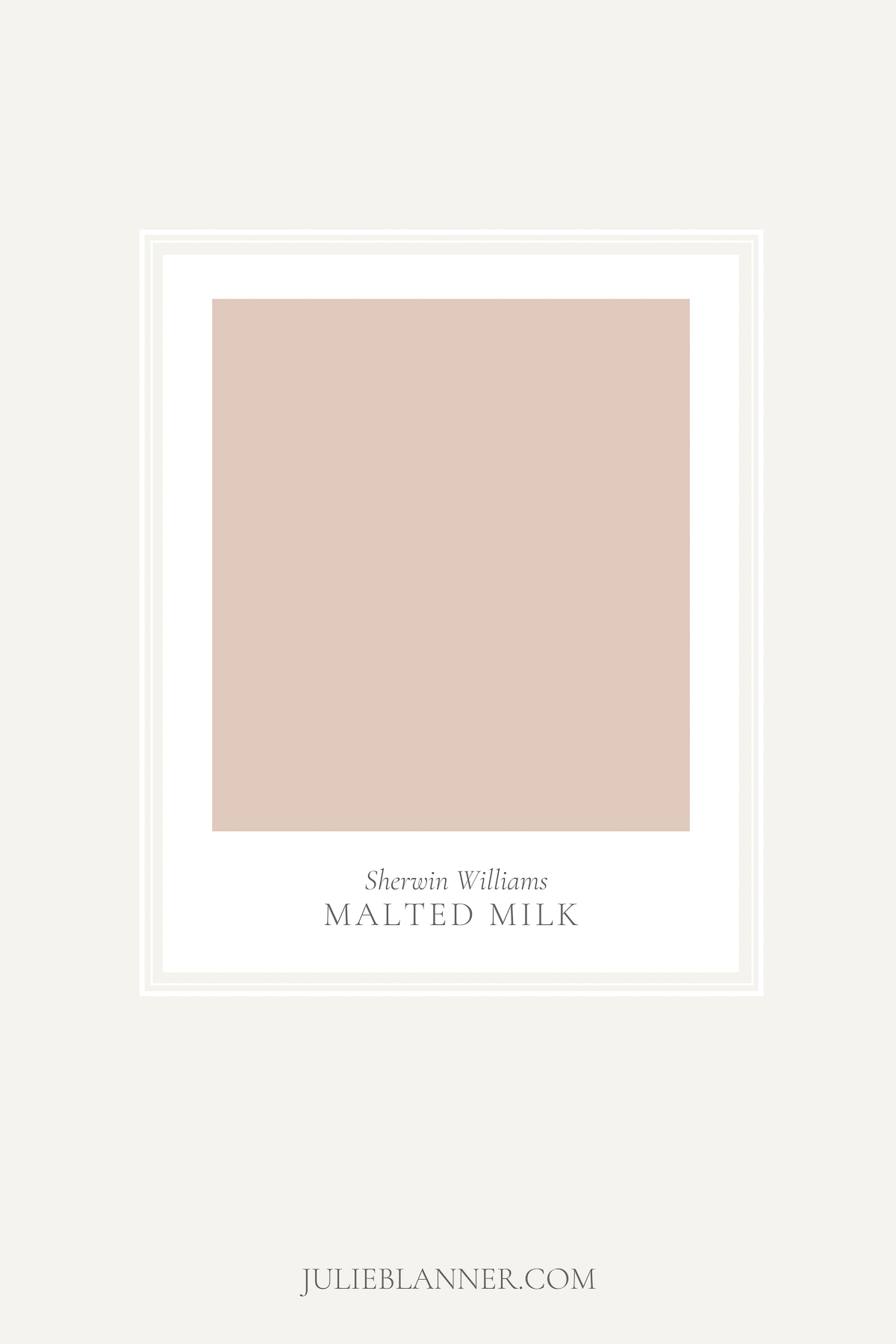 A paint swatch for Benjamin Moore Malted Milk, a blush pink paint color, shared at Julieblanner.com