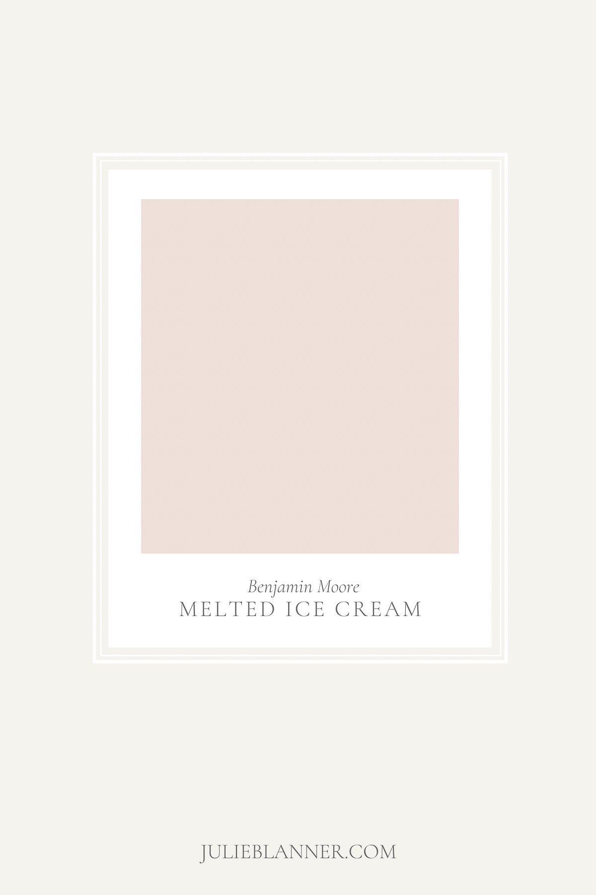 A paint sample card of Benjamin Moore Melted Ice Cream, as part of a blush pink paint guide.