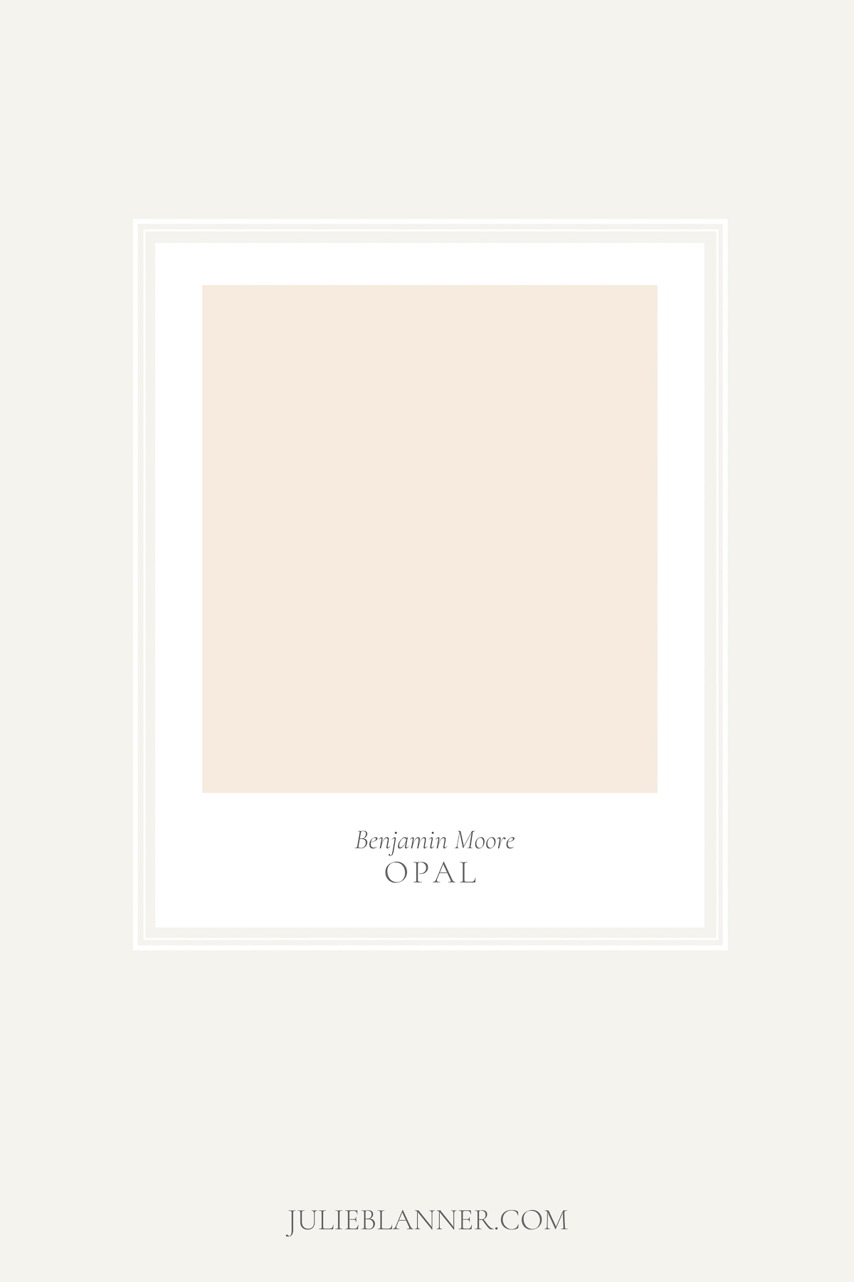 A paint sample card of Benjamin Moore Opal, as part of a blush pink paint guide.