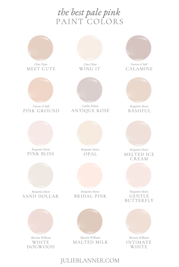 A blush pink paint color guide featuring 15 various pale pink paint colors from www.julieblanner.com