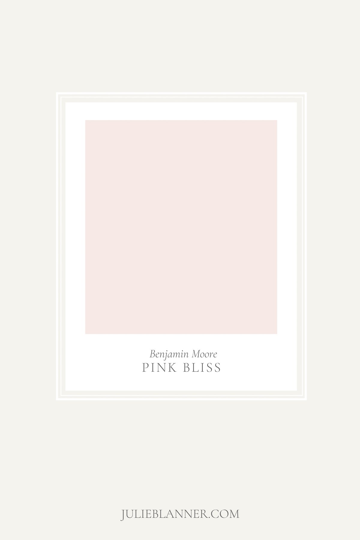 A paint sample card of Benjamin Moore Pink Bliss, as part of a blush pink paint guide.