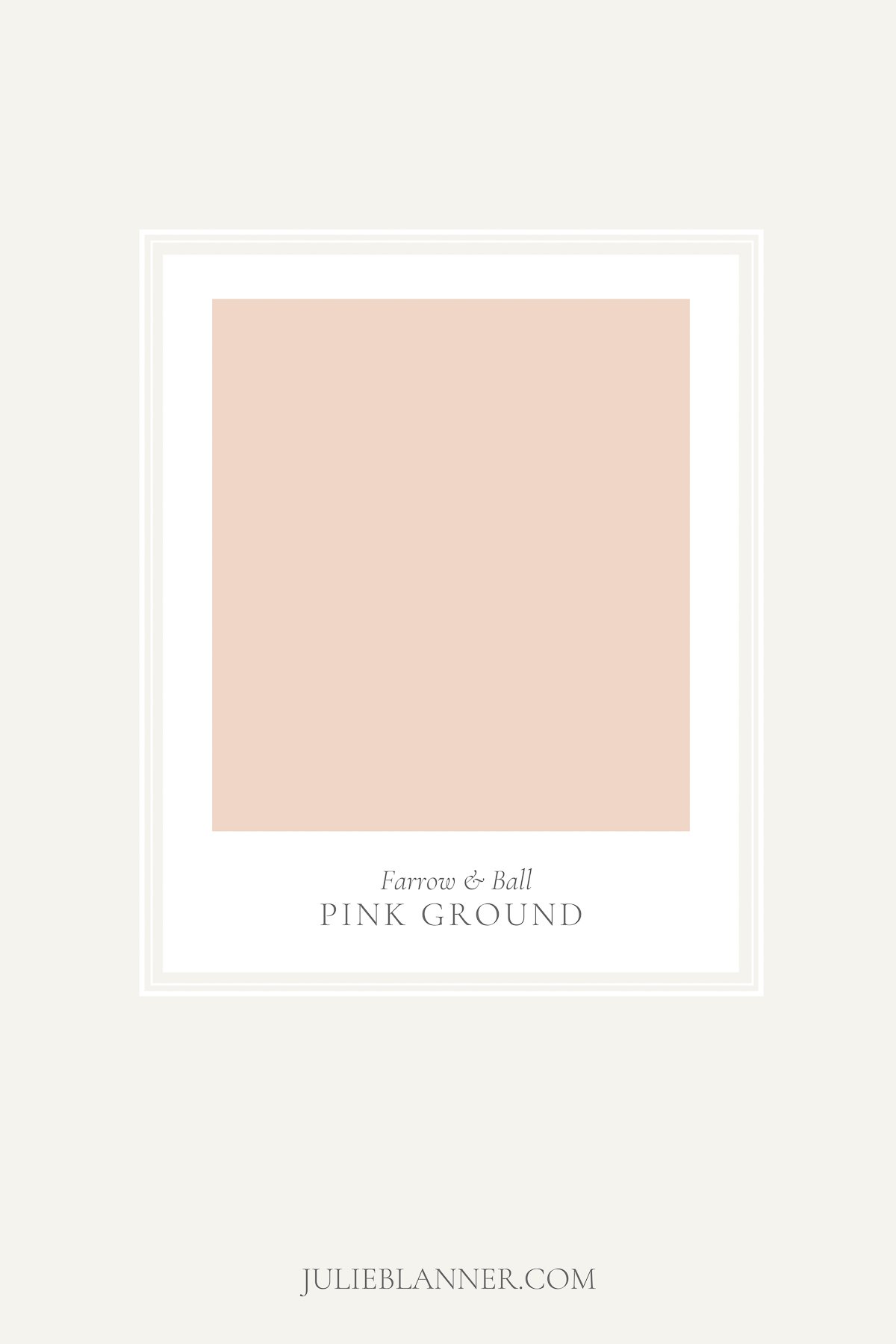 A paint sample card of Farrow and Ball Pink Ground, as part of a blush pink paint guide.