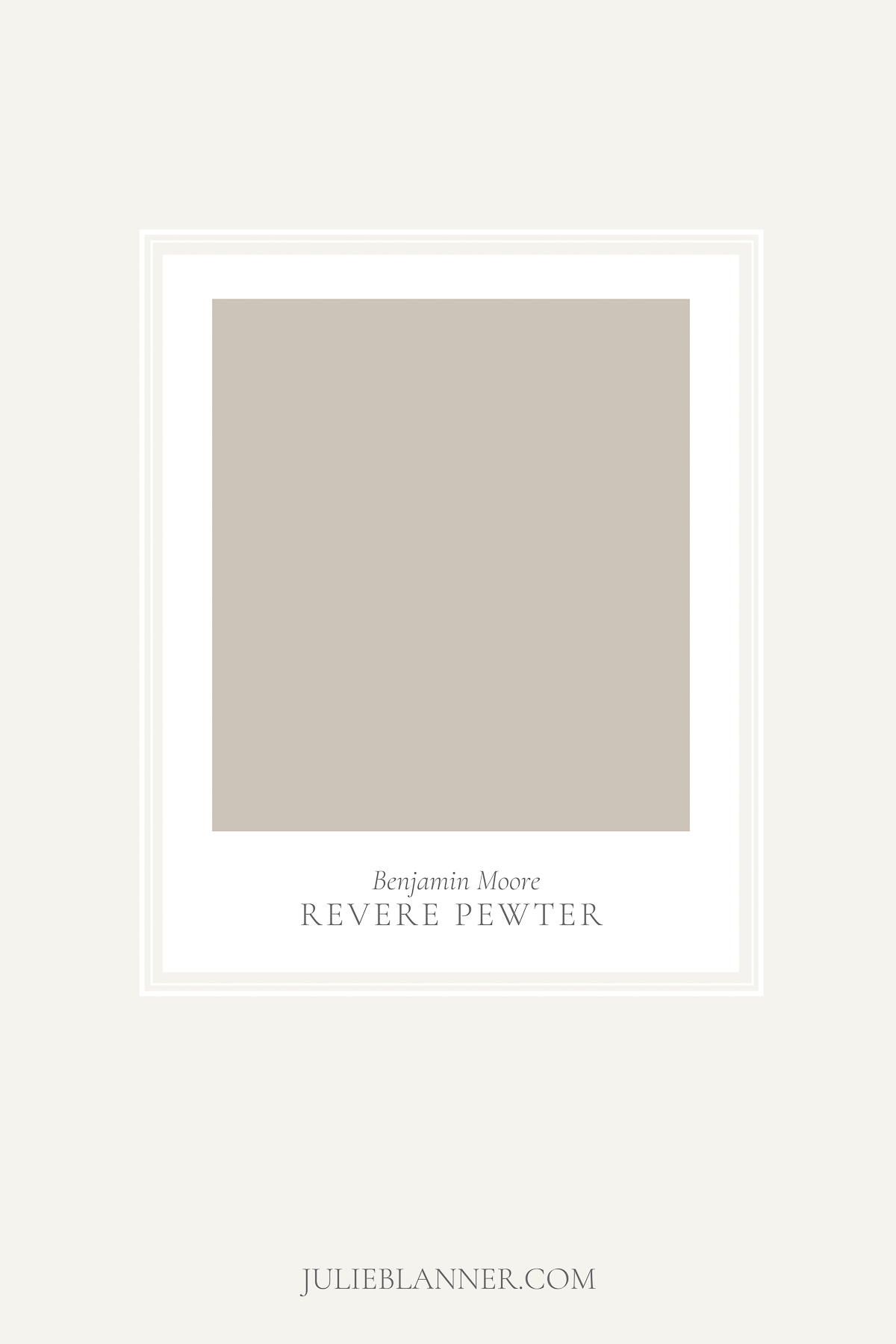 A graphic featuring a paint card for Benjamin Moore Revere Pewter, a deck paint color.