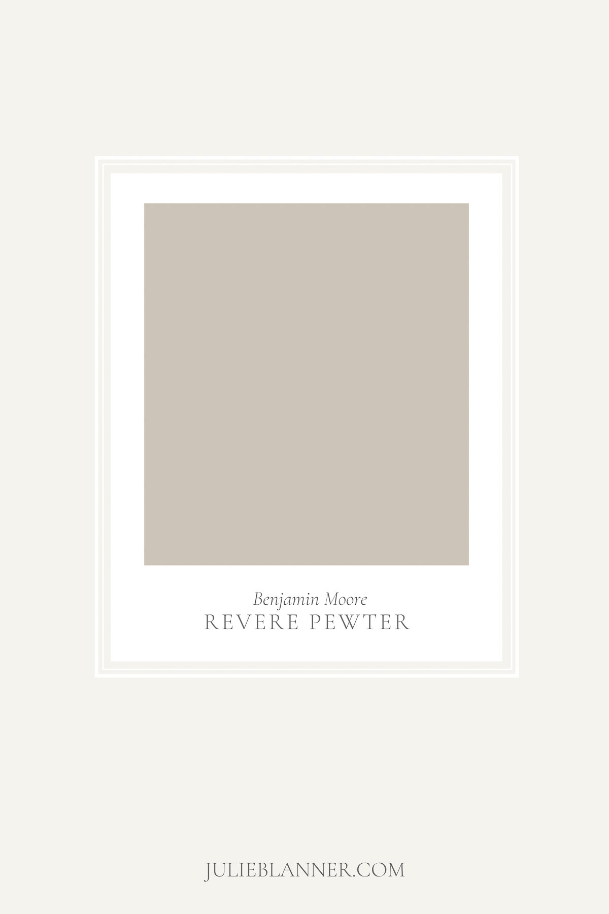 A graphic featuring a paint card for Benjamin Moore Revere Pewter, a deck paint color.