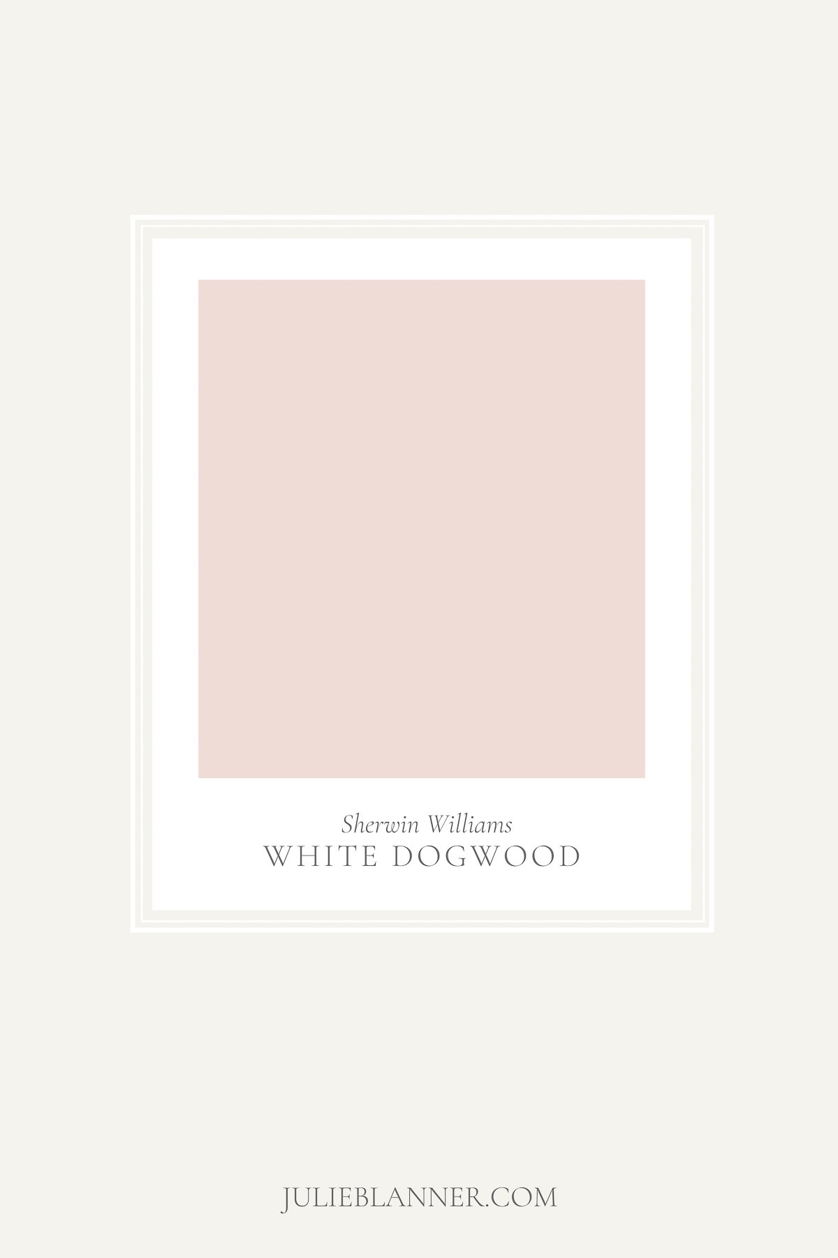 A paint sample card of Sherwin Williams White Dogwood, as part of a blush pink paint guide at julieblanner.com