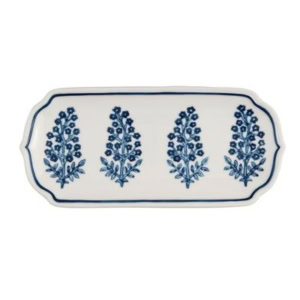 Rectangular white ceramic platter with four blue floral designs and a blue border around the edge, perfect for display with plate hangers.
