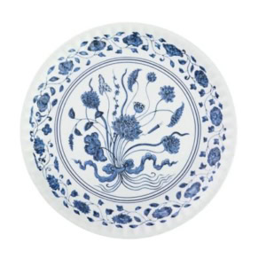A round white ceramic plate featuring intricate blue floral and botanical designs around the rim and center, perfect for display with plate hangers.
