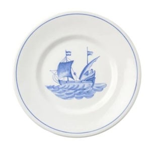 White ceramic plate with a blue line around the rim and a blue illustration of a sailing ship on waves in the center, perfect for display with plate hangers.