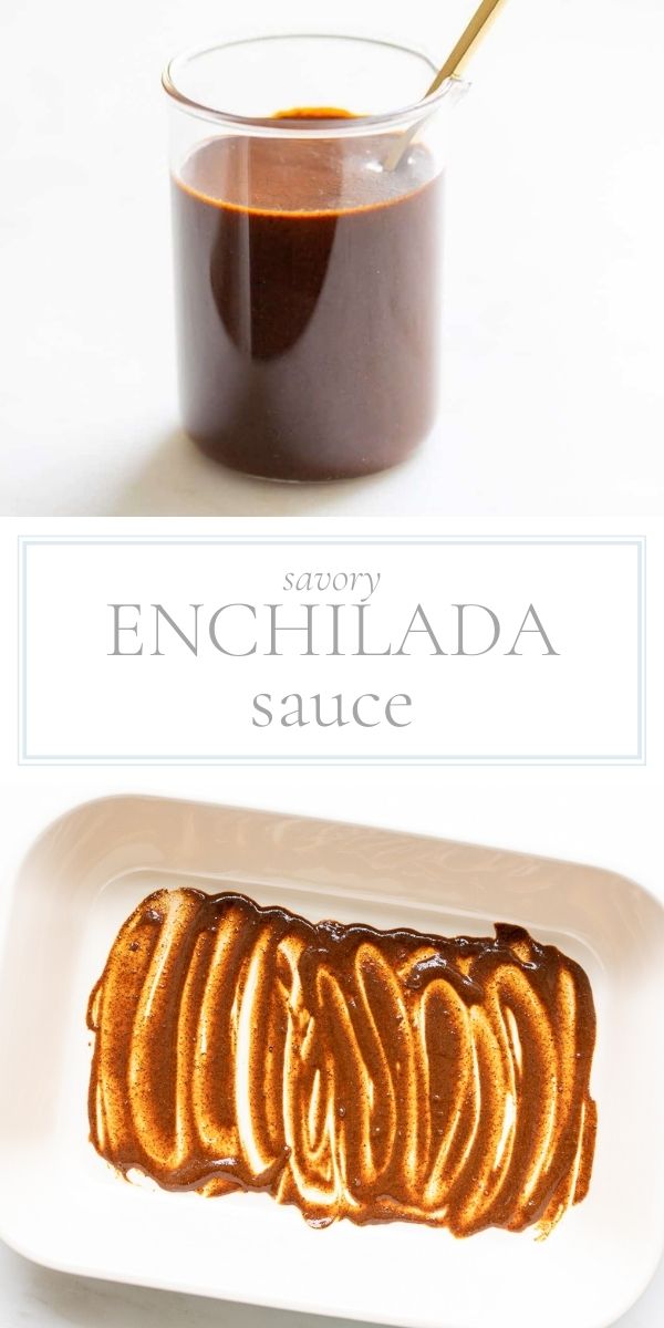 Top photo in post is a clear glass jar containing dark red enchilada sauce with a spoon resting in the sauce. The bottom photo is a rectangular white baking dish that has had enchilada sauce spread on the bottom