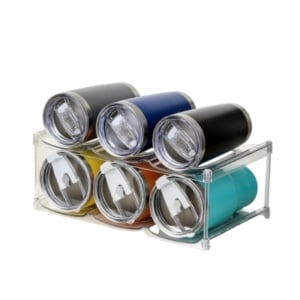 Six insulated tumblers in assorted colors arranged horizontally in a clear acrylic holder, perfect as kitchen gadgets.