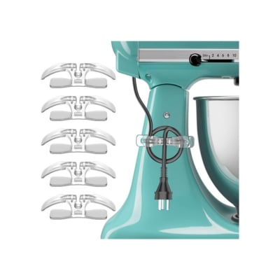 A teal kitchen gadgets stand mixer with various mixing attachments displayed alongside it.