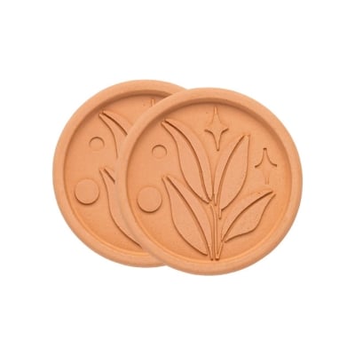Two terracotta diffuser stones with botanical relief designs, perfect as kitchen gadgets.