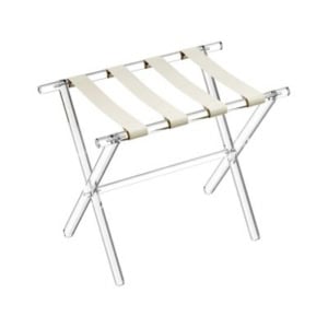 A clear acrylic luggage rack with four white straps and foldable X-shaped legs, perfect for adding modern convenience to any guest room.