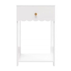 White nightstand with a single drawer featuring a round knob and scalloped detailing on the drawer front, plus an open shelf at the bottom—perfect for adding charm and function to your guest room.