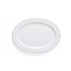 A white oval plate with a scalloped edge and a thin gold rim, shown on a plain background—perfect for display with plate hangers.