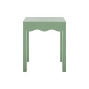 A small, green, rectangular table with four straight legs and a decorative wavy trim on the front edge—perfect for adding a touch of charm to any guest room.