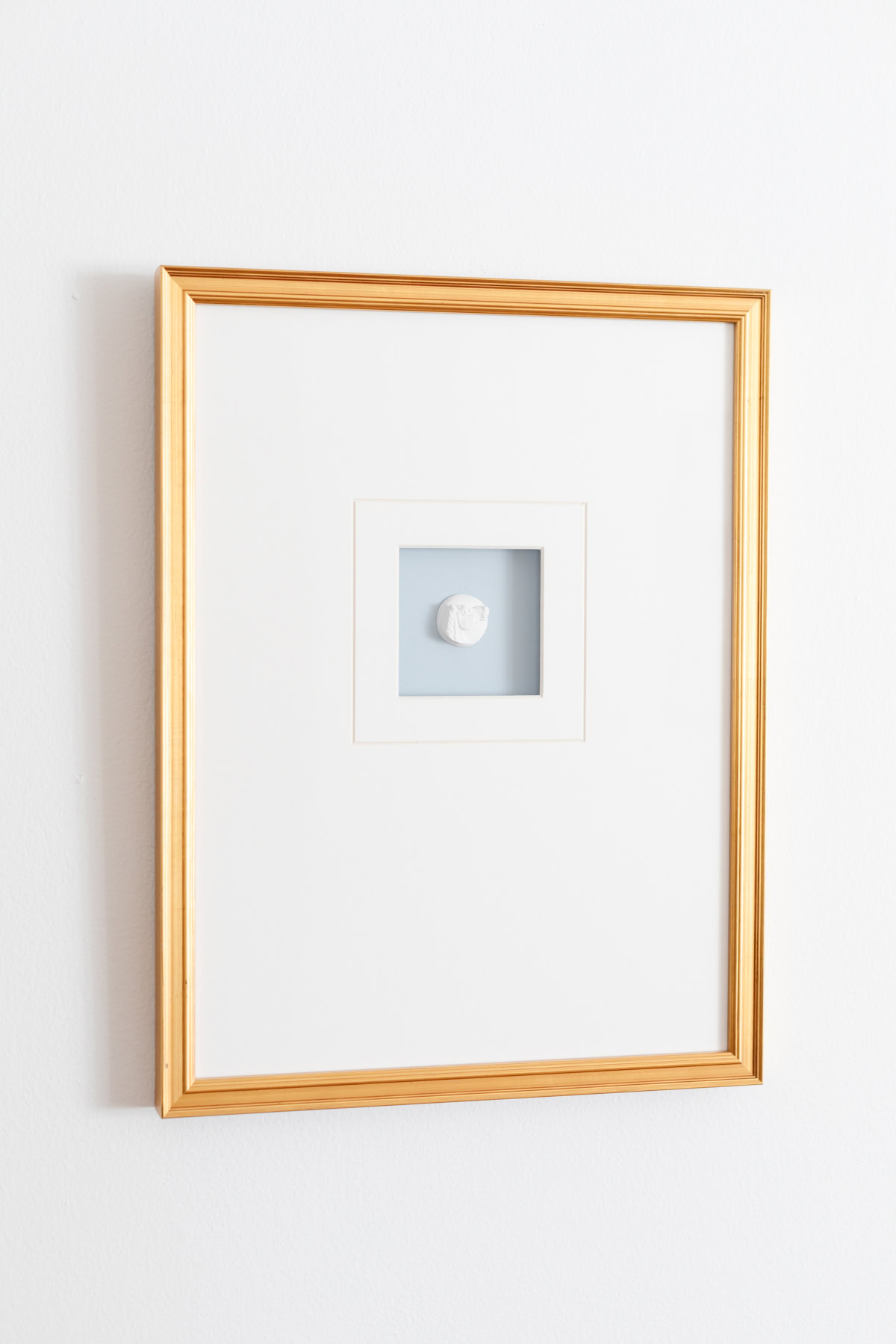 A gold-framed picture containing a small, white, crumpled object centered on a pale blue background and wide white matting, hanging on a Sherwin Williams Extra White wall.