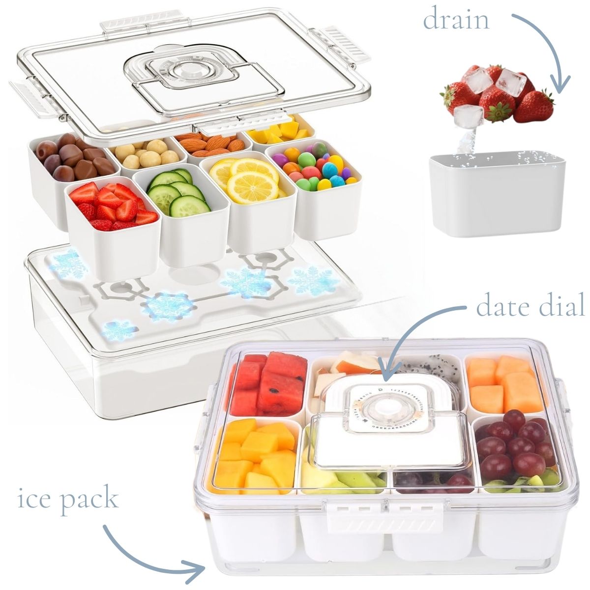 Clear compartmentalized snackle box with five sections for fruits and candies, includes ice packs, a date dial on the lid, and a convenient drain feature for melting ice.