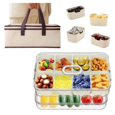 A person holds a beige and brown insulated bag. Above, four containers—snackle boxes—are filled with various snacks. Below, a clear multi-compartment food tray displays fruits, vegetables, and other tasty treats.