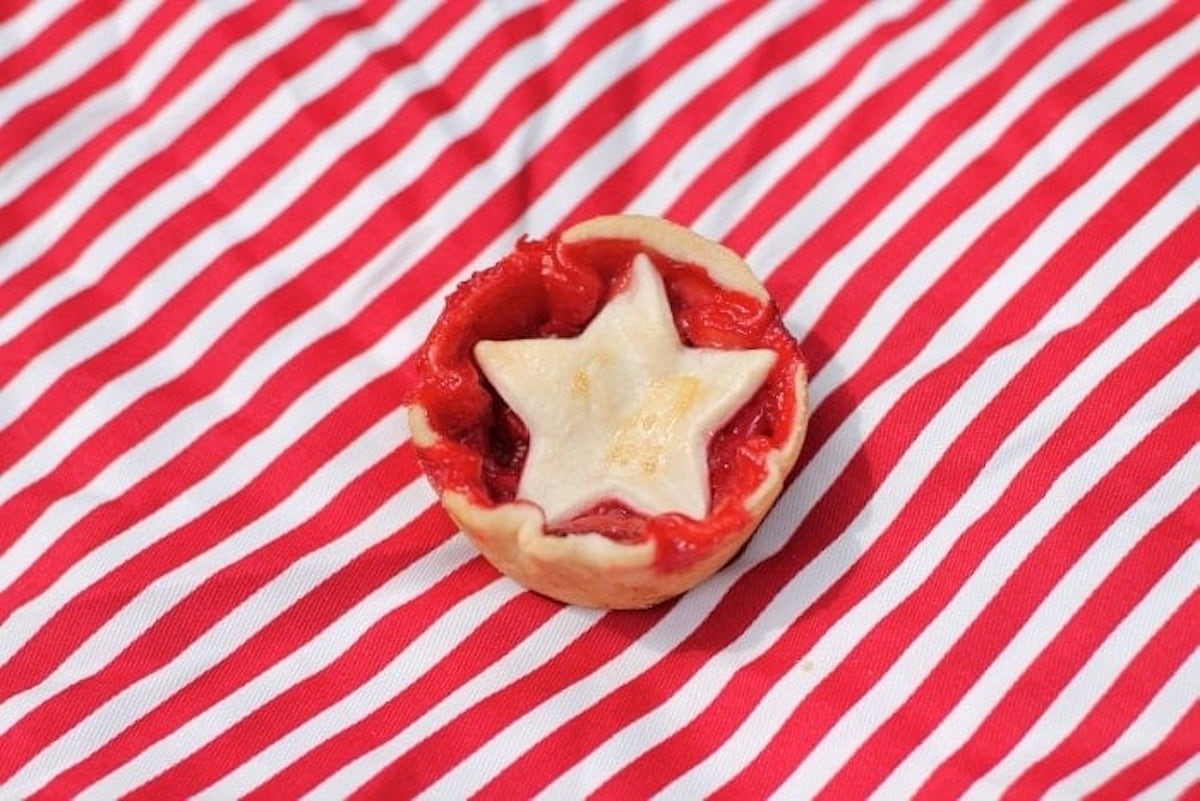 a mini strawberry pie on a red  and white striped blanket. 