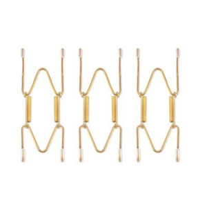 Three identical gold metal plate hangers with white-coated tips are arranged vertically side by side on a white background.
