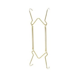 Gold metal plate hangers feature adjustable wire springs and four hooks, making them ideal for securely mounting plates on a wall.