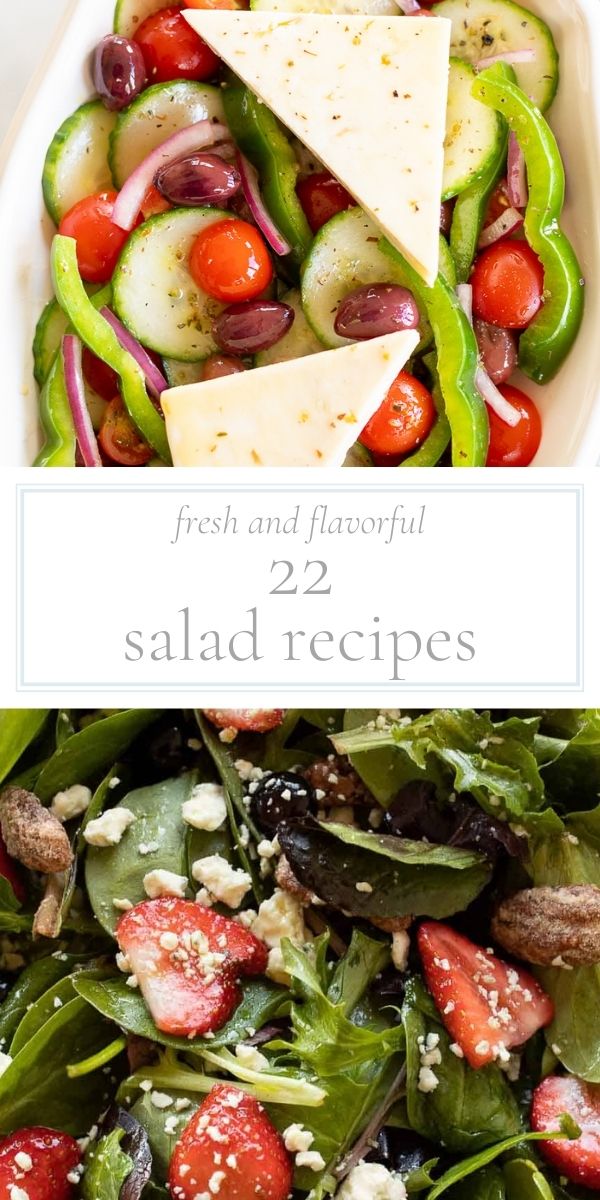 Top photo is a closeup of a Greek salad. Bottom photo is a closeup of a strawberry salad.