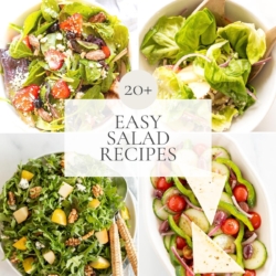 A graphic image featuring four different green salad recipes. Title in the center reads "20+ Easy Salad Recipes"