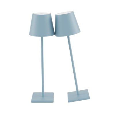 A pair of blue led table lamps for dining al fresco