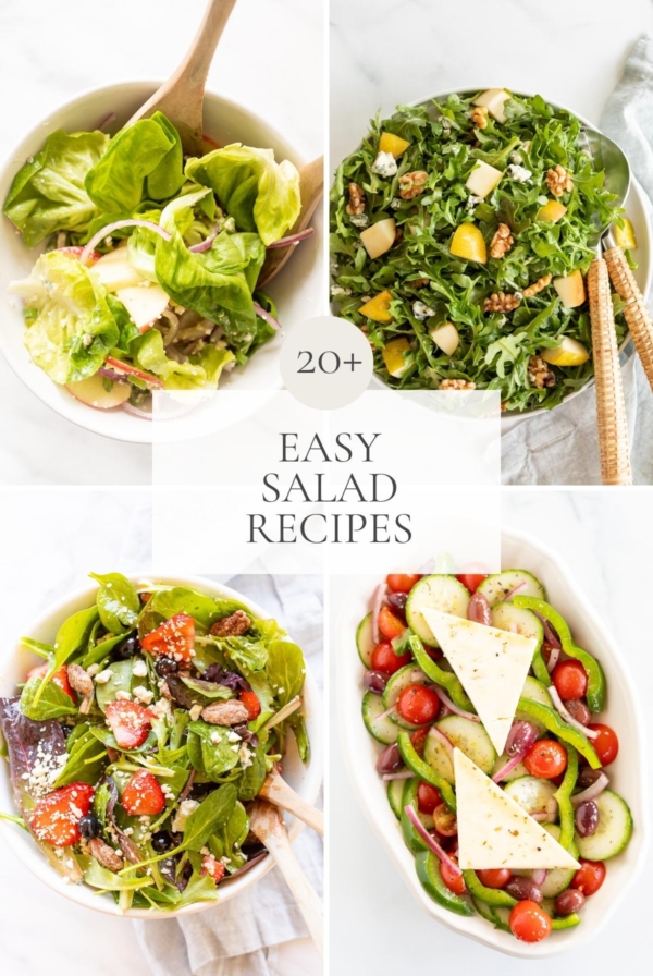 A graphic image featuring four different green salad recipes. Title in the center reads "20+ Easy Salad Recipes"