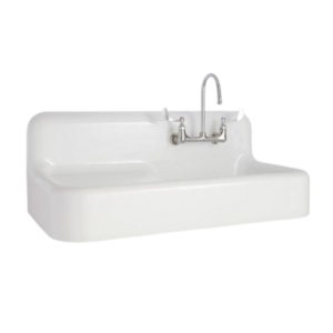 A wall-mounted white kitchen sink on a white background.