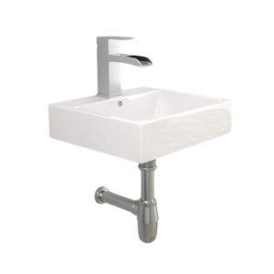 A white wall-mounted sink on a white background.
