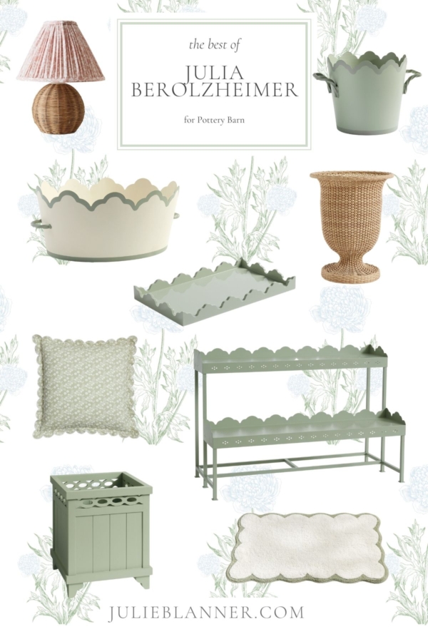 A graphic image with a blue and green floral background, featuring a variety of product from the Julia Berolzheimer x Pottery Barn collaboration.