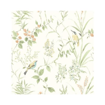 A wallpaper pattern featuring delicate illustrations of birds perched on leafy branches with flowers and foliage on a light background, perfect for creating an Amazon Wallpaper-inspired atmosphere.