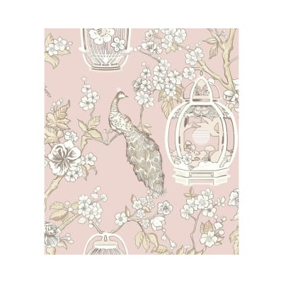 An Amazon Wallpaper design featuring a peacock surrounded by white flowers, branches, and ornamental birdcages, all set against a pink background.