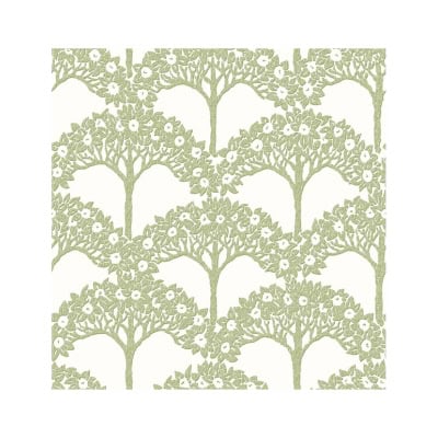 Amazon Wallpaper featuring green trees with floral details forms a repeating pattern on a white background.